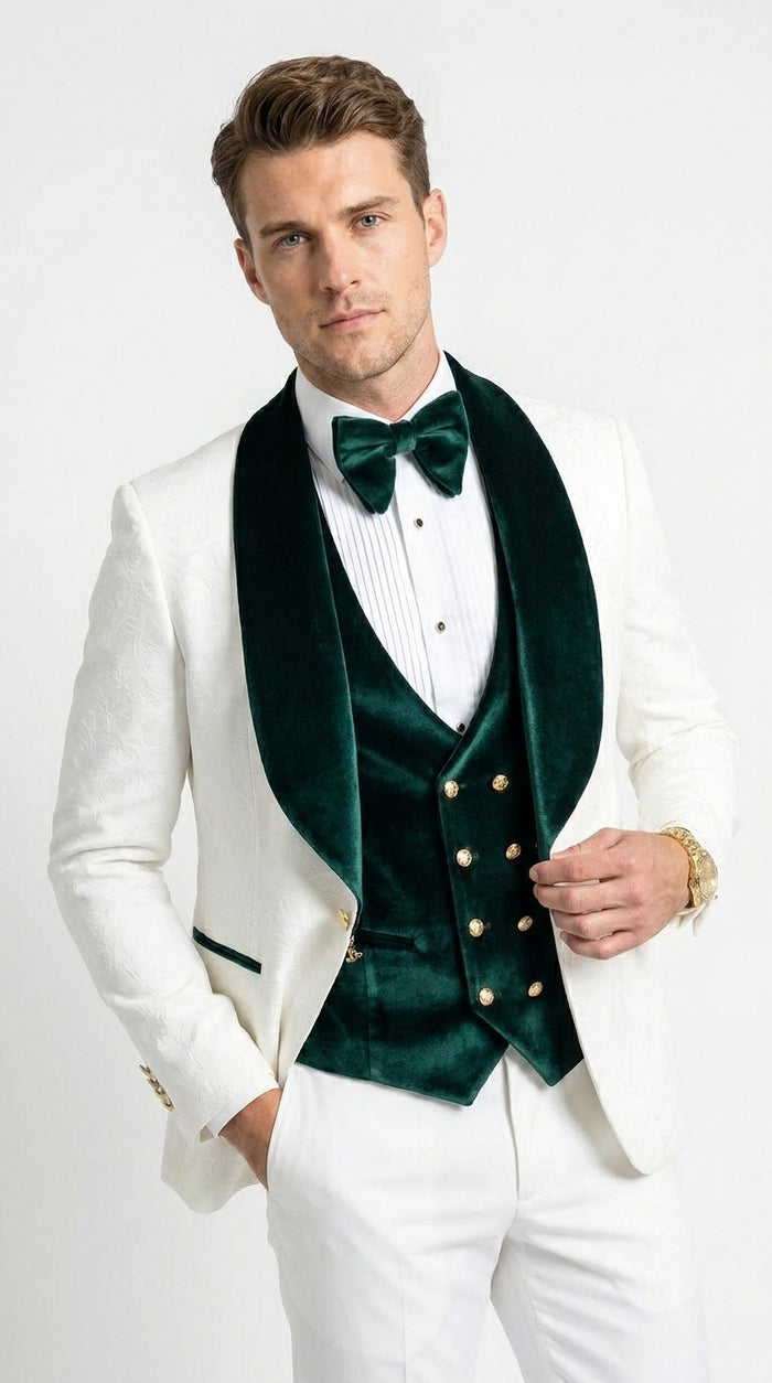 Men’s White and Green Tuxedo Wedding Suit with Shawl Lapel, Velvet Vest and Pants