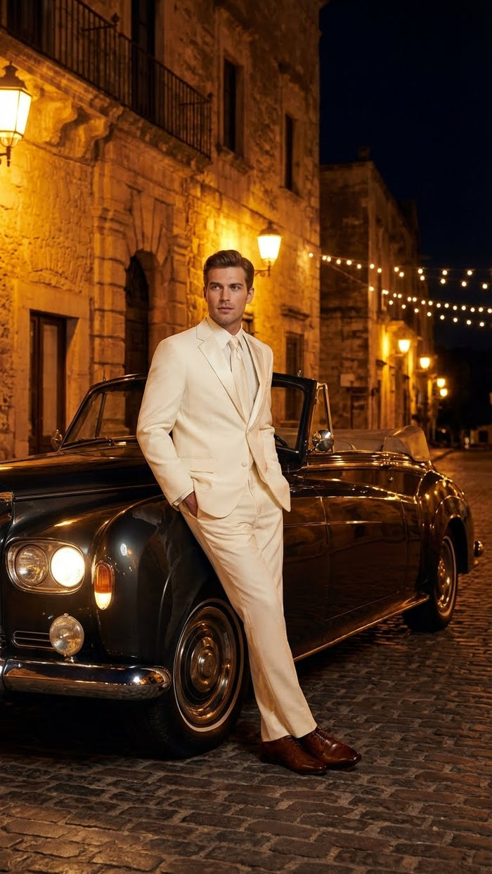 Mens Ivory Tuxedo Suit with Satin Notch Lapel  Formal Wedding and Evening Wear Suit in Cream Off White Color