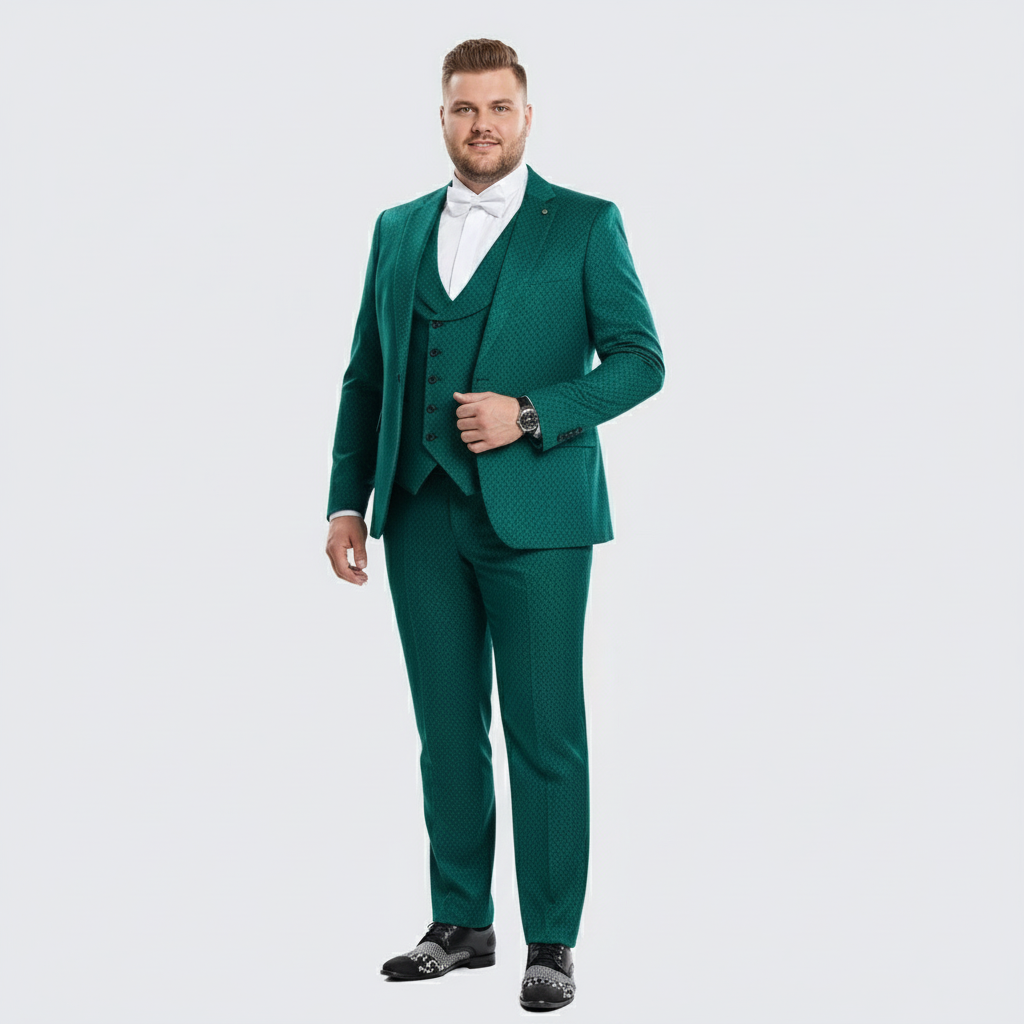 Mens Emerald Green Textured 3-Piece Suit  Polk Dot Pattern Formal Wedding, Prom, and Evening Wear Outfit