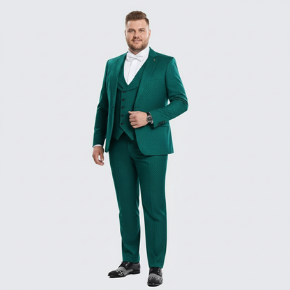 Mens Emerald Green Textured 3-Piece Suit  Polk Dot Pattern Formal Wedding, Prom, and Evening Wear Outfit