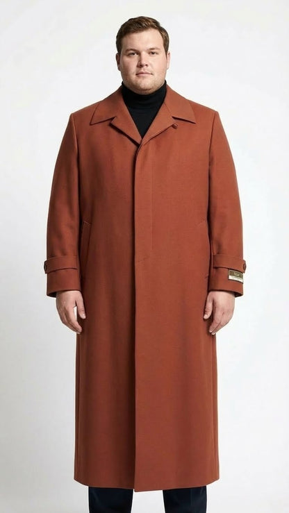 Mens Full-Length Cognac Overcoat  Premium Wool-Blend Long Dress Coat for Winter and Formal Wear in Rust Brick Color