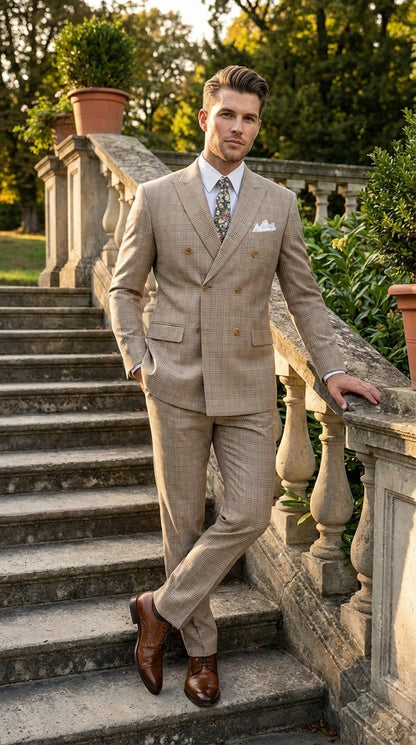 Vinci Men’s Beige Plaid Double Breasted Suit – Classic Checkered Formal Suit Set in Tan Color Windowpane Checkered Pattern