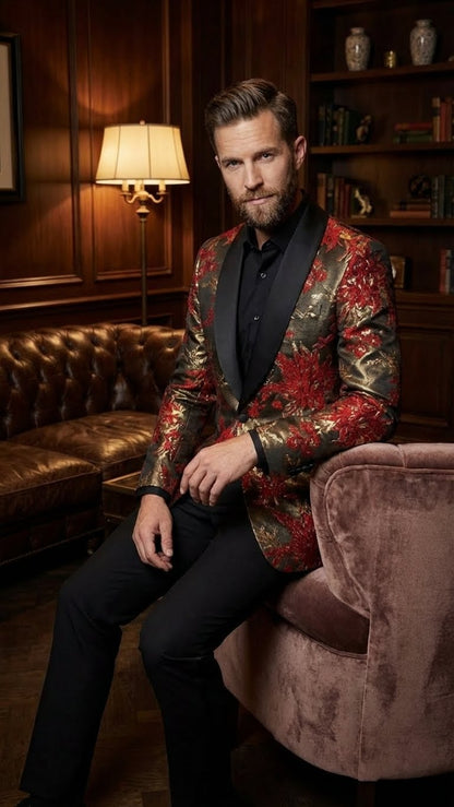 Mens Red and Gold Floral Pattern Paisley  Shawl Lapel | Luxury Evening and Party Wear Jacket Prom Christmas New Year Blazer
