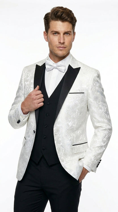 Men’s White Shiny Paisley Flower Pattern Tuxedo Jacket with Black Lapel, Formal Wedding Blazer