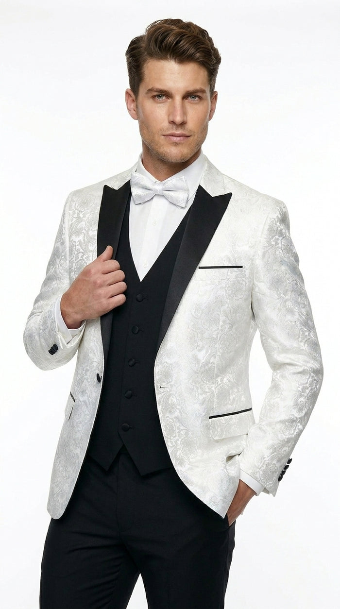 Men’s White Shiny Paisley Flower Pattern Tuxedo Jacket with Black Lapel, Formal Wedding Blazer