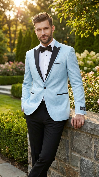 Men’s Baby Blue Tuxedo Blazer with Black Lapel – Formal Dinner Jacket for Wedding, Prom and Evening Events  in Sky Light Blue Color