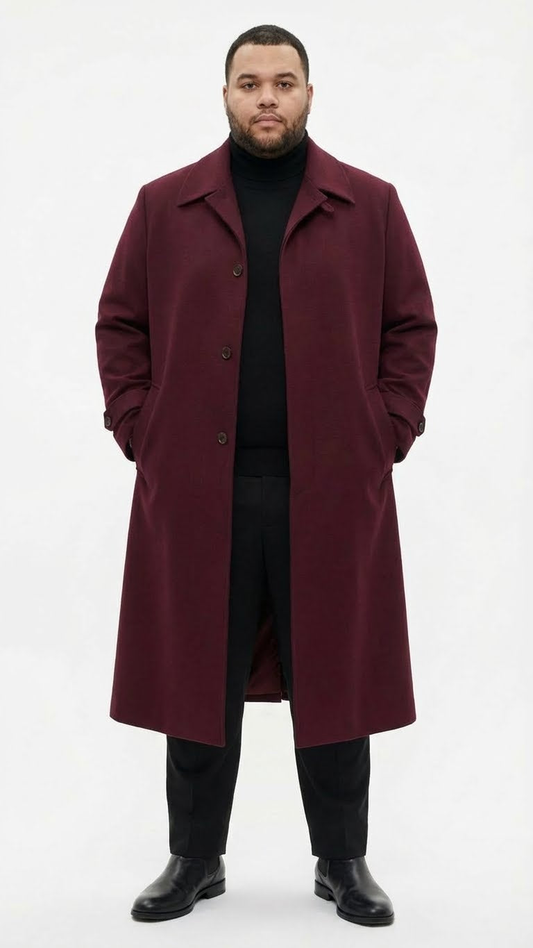 Mens Full-Length Burgundy Overcoat  Microfiber 4 season fabric  Long Formal Coat with Classic Tailored Maxi Duster Coat