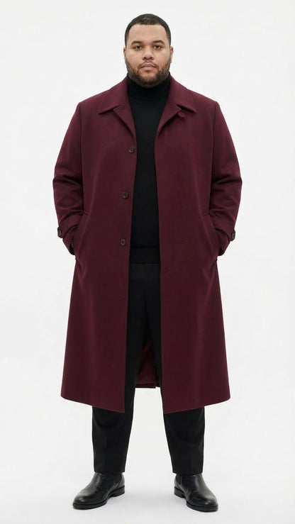 Mens Full-Length Burgundy Overcoat  Microfiber 4 season fabric  Long Formal Coat with Classic Tailored Maxi Duster Coat