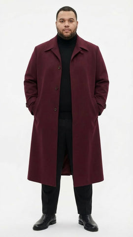 Men’s Full-Length Burgundy Overcoat – Microfiber 4 season fabric  Long Formal Coat with Classic Tailored Maxi Duster Coat