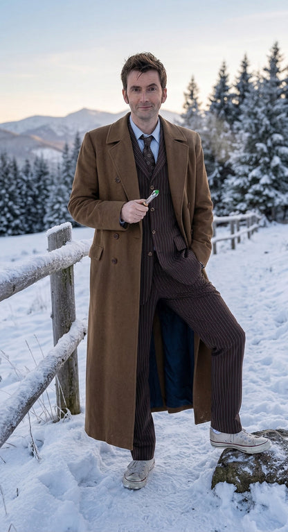 Men’s Brown Cotton Trench Coat Doctor Who 10th Doctor Inspired Long Coat – Classic Gabardina Style Overcoat, Vintage Winter Costume Jacket