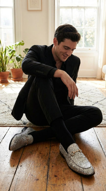 Men's Silver Gray Glitter Loafers | Sparkly Dress Shoes for Wedding, Prom, Party & Formal Events