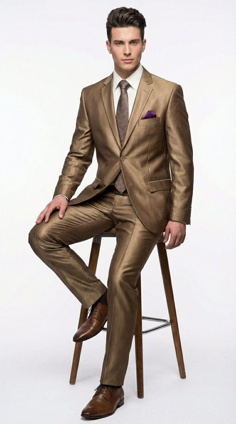 Mens Gold Brown Tan Beige Khaki Bronze Formal Suit – Luxury Metallic Finish Wedding and Prom Suit for Men