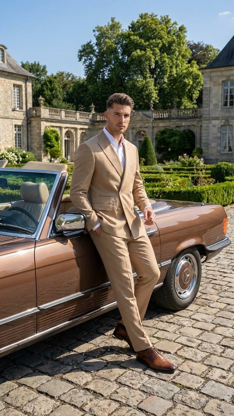 Vitali Brand Men’s Beige Double Breasted Suit – Classic Wedding, Prom & Party Wear Formal Outfit Khaki Camel Color