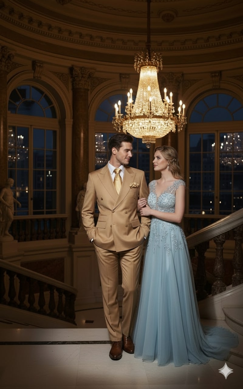 Mens Camel - Bronze - Goldish khaki Double-Breasted Suit  Luxury 2-Piece Formal Set with Gold Buttons and Peak Lapels by Rossi Man