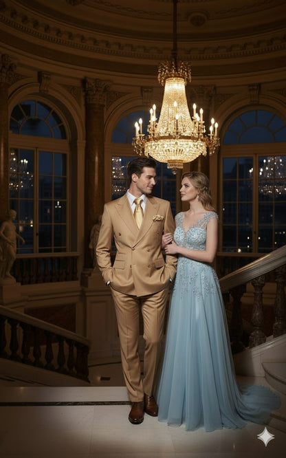 Mens Camel - Bronze - Goldish khaki Double-Breasted Suit  Luxury 2-Piece Formal Set with Gold Buttons and Peak Lapels by Rossi Man