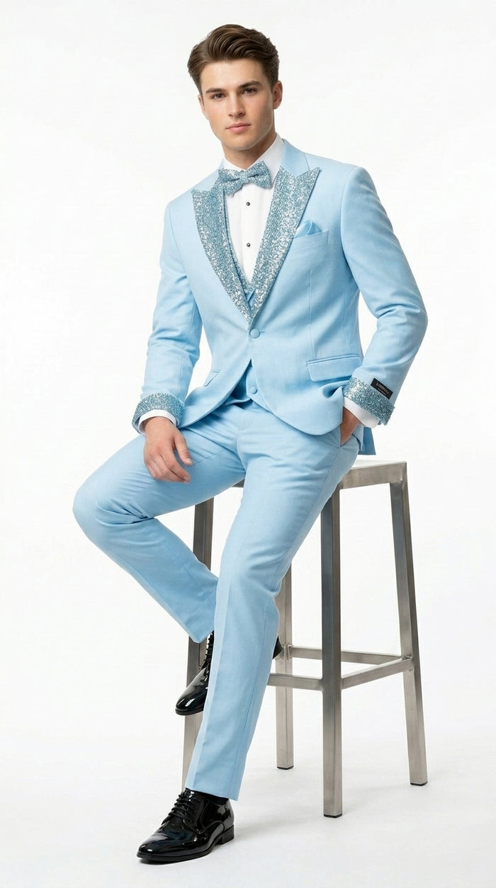 Men’s Baby Blue Prom Tuxedo Suit with Silver Rhinestone Sequin Lapel and Matching Vest