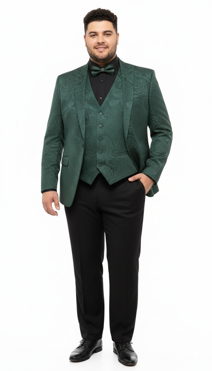 Mens Emerald Green Paisley Tuxedo 3-Piece Suit  Slim Fit Formal Blazer, Vest, and Pants for Weddings, Proms
