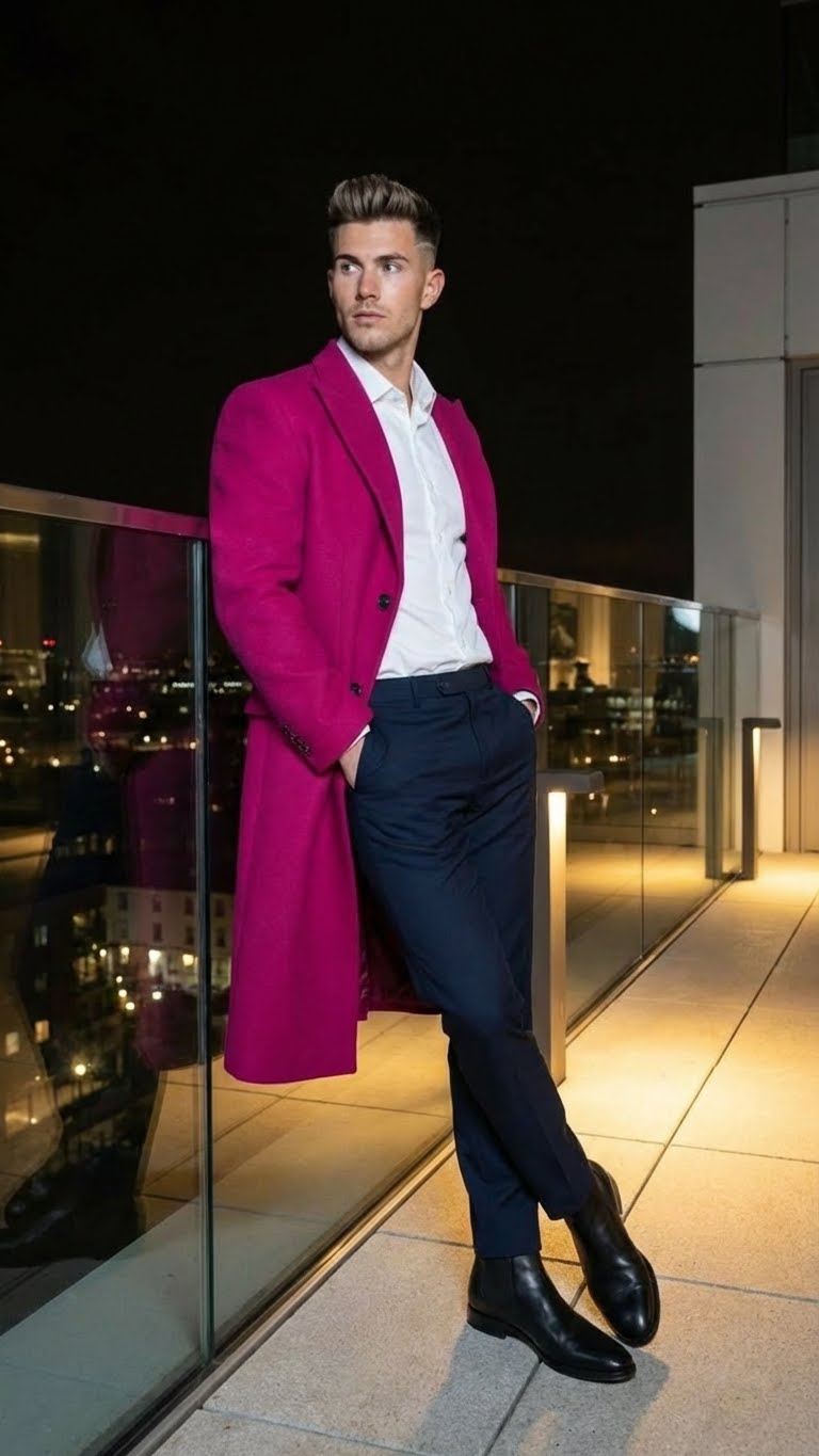 Mens Hot Pink Wool Blend Overcoat  Topcoat Carcoat Winter Fabric