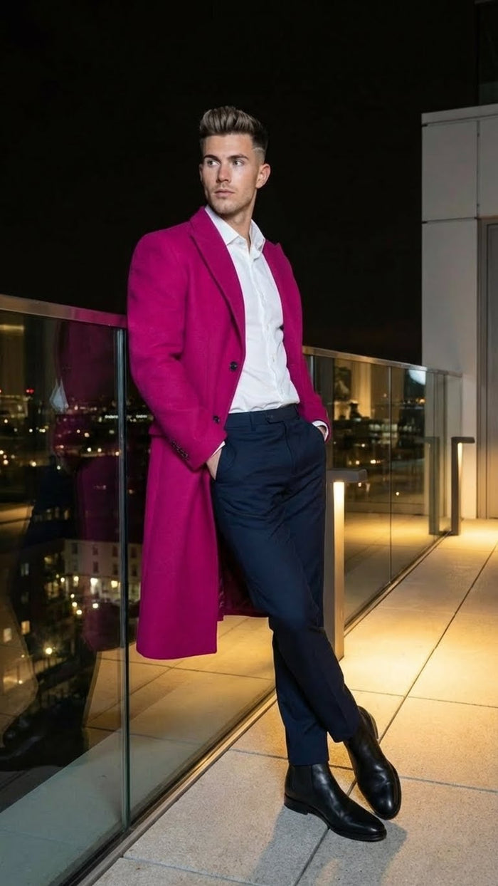 Mens Hot Pink Wool Blend Overcoat  Topcoat Carcoat Winter Fabric