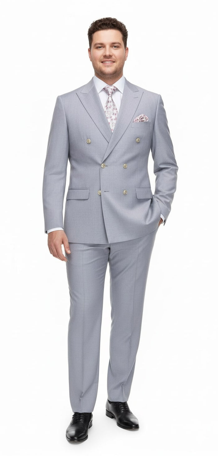 Mens Silver Grey Double-Breasted 3-Piece Suit  Classic Tailored Fit with Peak Lapel and Gold Buttons for Weddings, Church and Formal Events