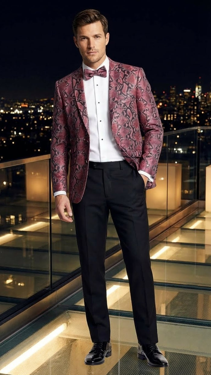 Mens Burgundy and Black Snakeskin Print Blazer  Alligator Crocodile Sport Jacket Exotic Skin