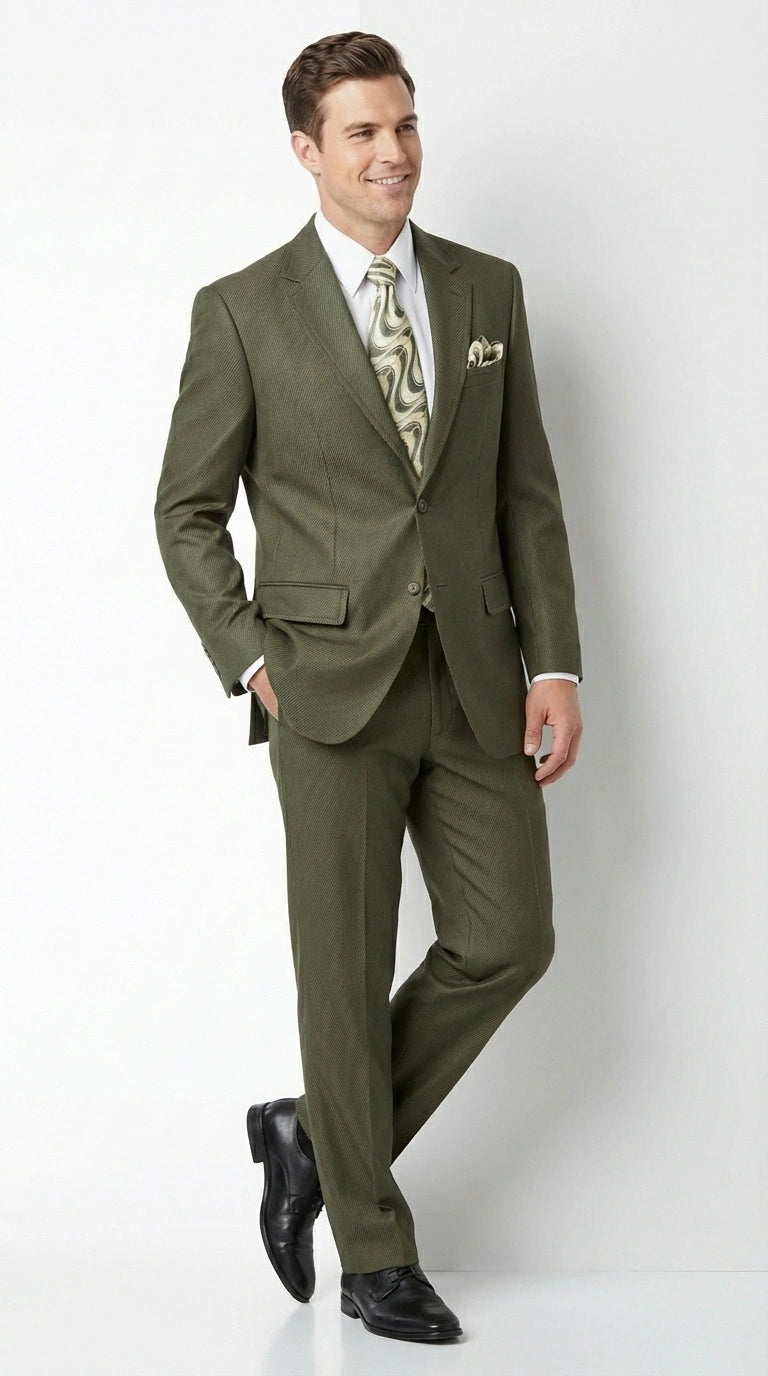 Men’s Olive Green Tuxedo With Trim Collar – Formal Wedding, Prom Suit Modern Fit