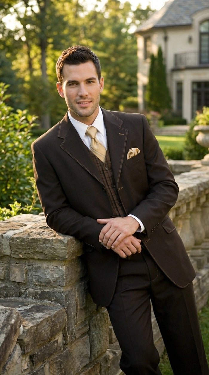Tuxedo Men’s Dark choclate Brown Three Buttons 3 Piece Suit – Classic Brown 3PC Wedding, Church and Business Formal Suit for Men