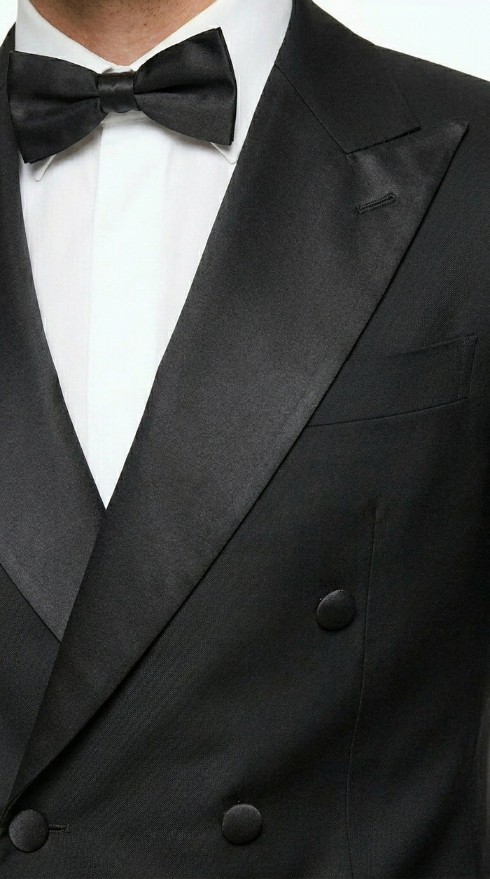 Men’s Black Double Breasted Tuxedo Jacket with Satin Peak Lapel, Formal Wedding Dinner Blazer
