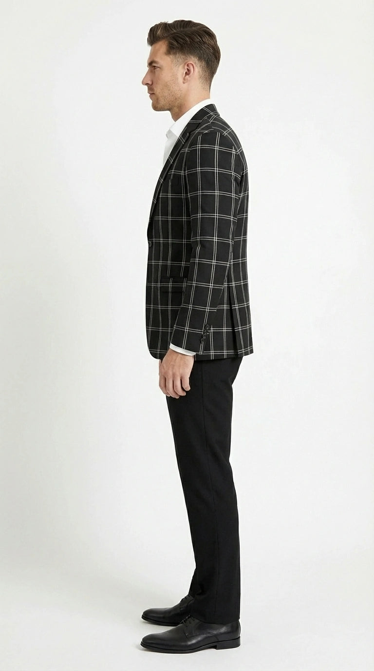 Men’s Black Windowpane Check Blazer – Black Plaid Formal Blazer Jacket for Business, Wedding and Smart Casual Style