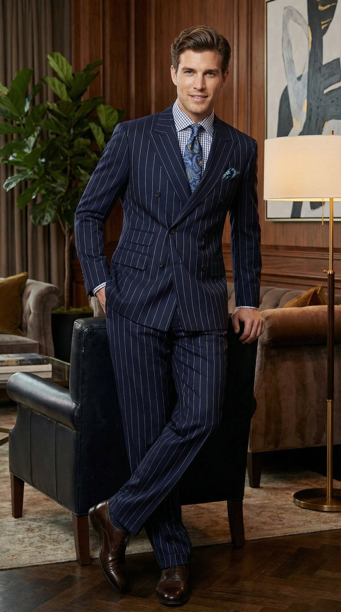 Men's Navy Blue Double Breasted Pinstripe Suit – Modern Fit By