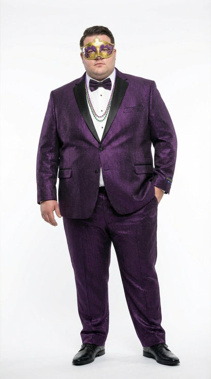 Mens Purple Shimmer Mardi Gras Suit with Black Satin Lapel – Shiny Metallic Formal Party and Carnival Suit Sequin Look