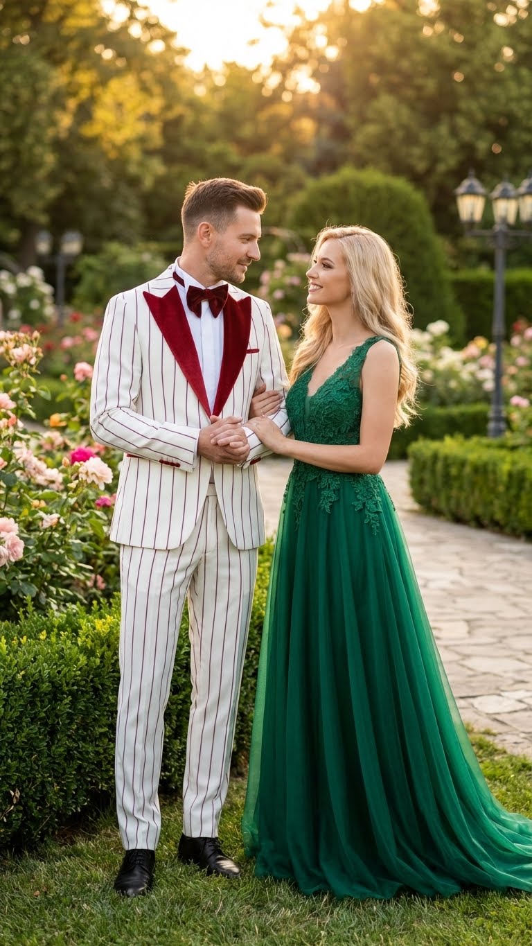 Men’s White and Dark Red Pinstripe Tuxedo with Velvet Shawl Lapel – Formal Dinner Blazer Prom Christmas New Year Holiday Suit