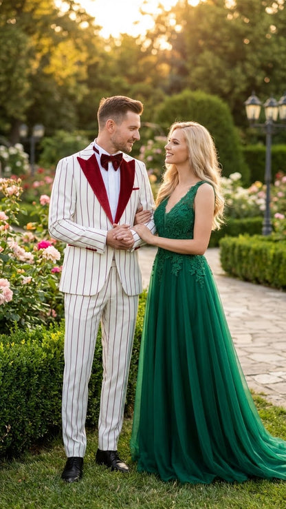 Mens White and Dark Red Pinstripe Tuxedo with Velvet Shawl Lapel  Formal Dinner Blazer Prom Christmas New Year Holiday Suit