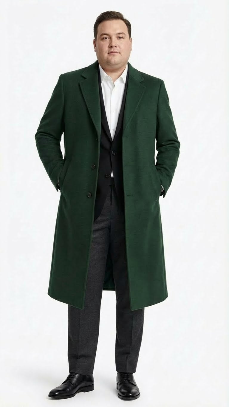 Men’s Hunter Green Full-Length Wool Overcoat – Classic Winter Dress Coat for Formal and Casual Wear Topcoat Mens Wintercoat