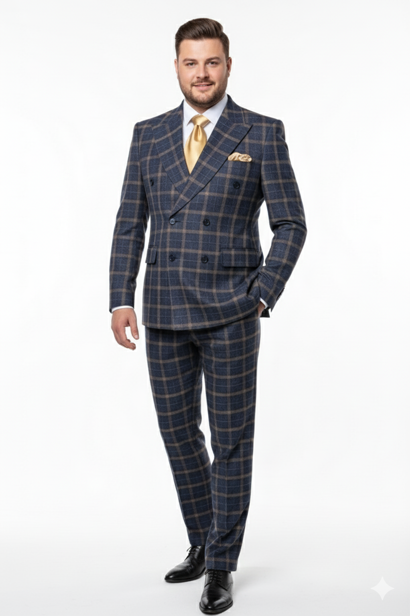 Mens Navy and Tan Windowpane Double-Breasted Suit | Classic 2-Piece Plaid Dress Suit, Business, and Formal Events By Rossiman