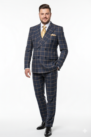 Mens Navy and Tan Windowpane Double-Breasted Suit | Classic 2-Piece Plaid Dress Suit, Business, and Formal Events By Rossiman
