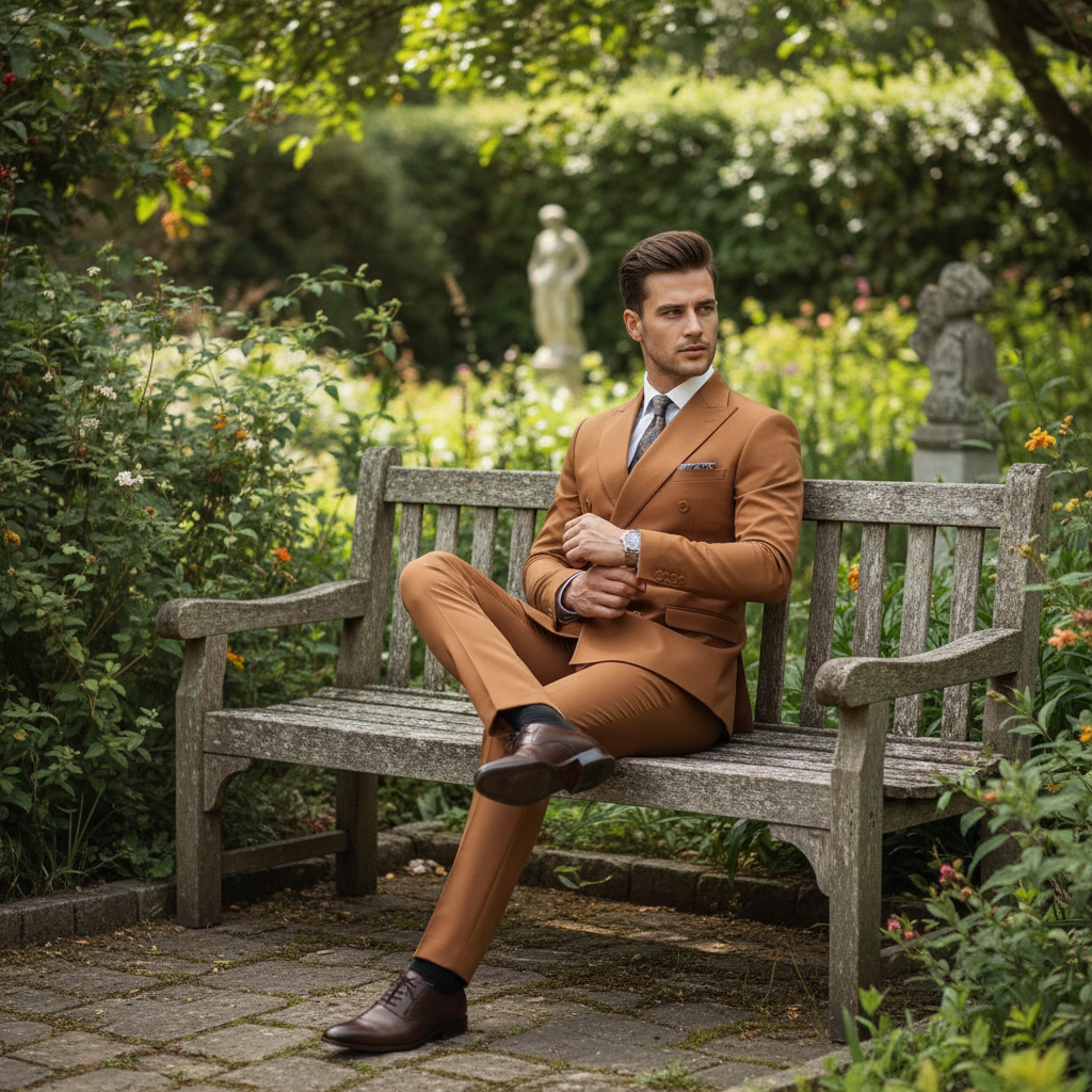 Mens Vitali Brand Rustish Orange Brown Copper Color Double Breasted Slim Fit Suit