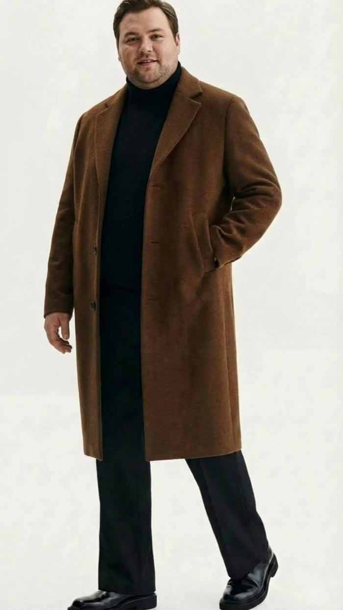 Men's Brown Long Wool Overcoat - Topcoat Wool Carcoat Three Quarter