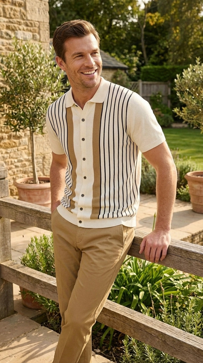 Mens Cream and Tan Striped Walking Suit Set – Casual Summer Short Sleeve Shirt and Pants Outfit for Vacation, Travel and Everyday Wear