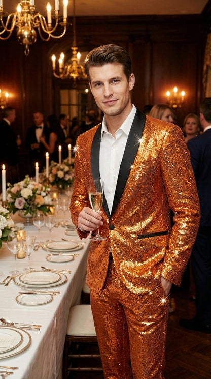 Mens Orange Sequin Tuxedo Suit – Shiny Wedding Suit Set with Black Lapel for Prom, Party, Gala and Formal Evening Wear - Goldish Orange