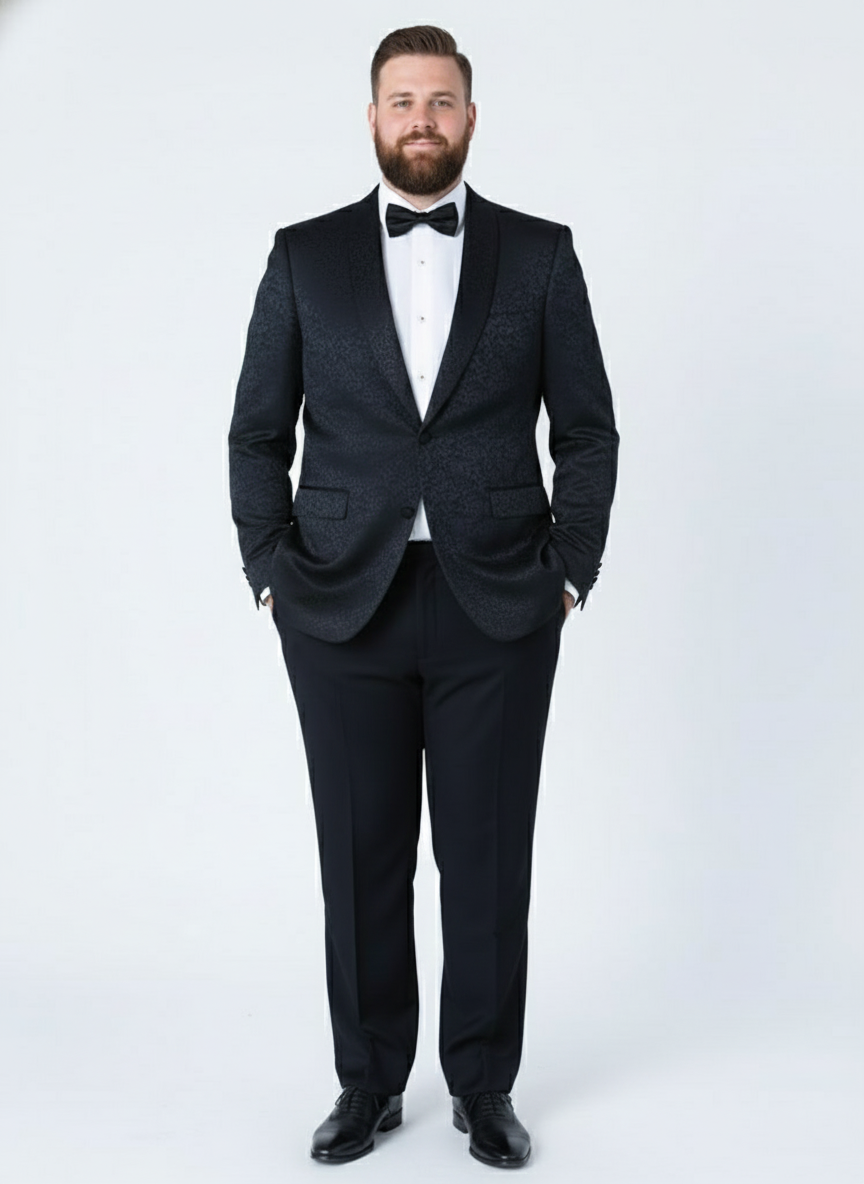 Mens Black Textured Paisley floral Tuxedo Suit  Premium Slim Fit Formal Wedding, Prom, with Bowtie