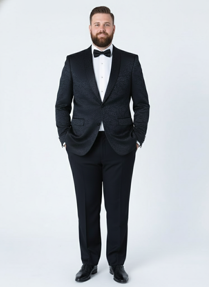 Mens Black Textured Paisley floral Tuxedo Suit  Premium Slim Fit Formal Wedding, Prom, with Bowtie