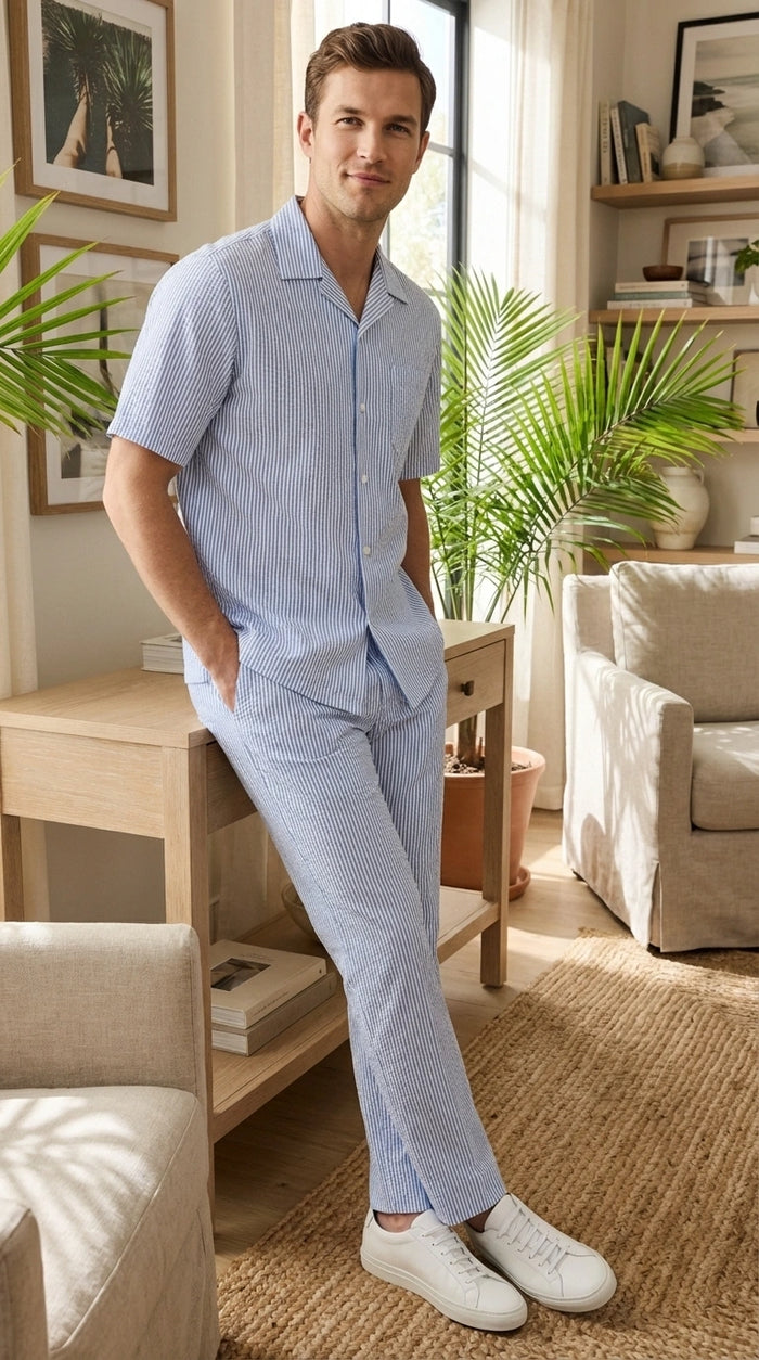 Mens Light Blue Seersucker Walking Suit Set – Casual Summer Short Sleeve Outfit with Matching Pants Lightweight Two Piece Set