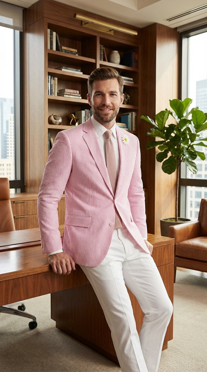 Men's Pink Seersucker Blazer – Lightweight Striped Summer Sport Coat Casual Smart Formal Jacket