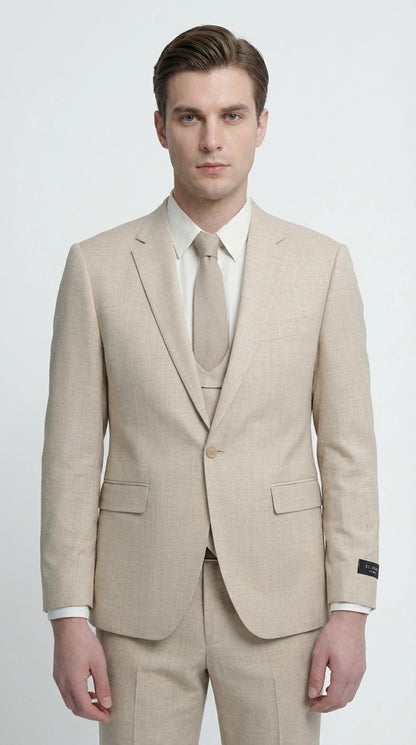 Mens Sand Beige 3 Piece Suit – Double breasted Vest Formal Suit Set  and Dress Pants in Champaign Natural Summer Color