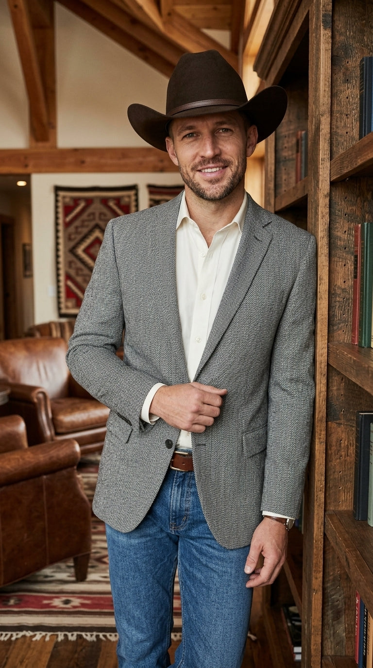 Men’s Light Grey & Black Herringbone Western Blazer – Cowboy Sport Coat Jacket