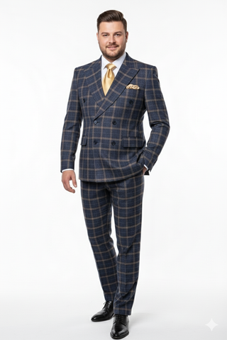 Men’s Navy and Tan Windowpane Double-Breasted Suit | Classic 2-Piece Plaid Dress Suit, Business, and Formal Events By Rossiman