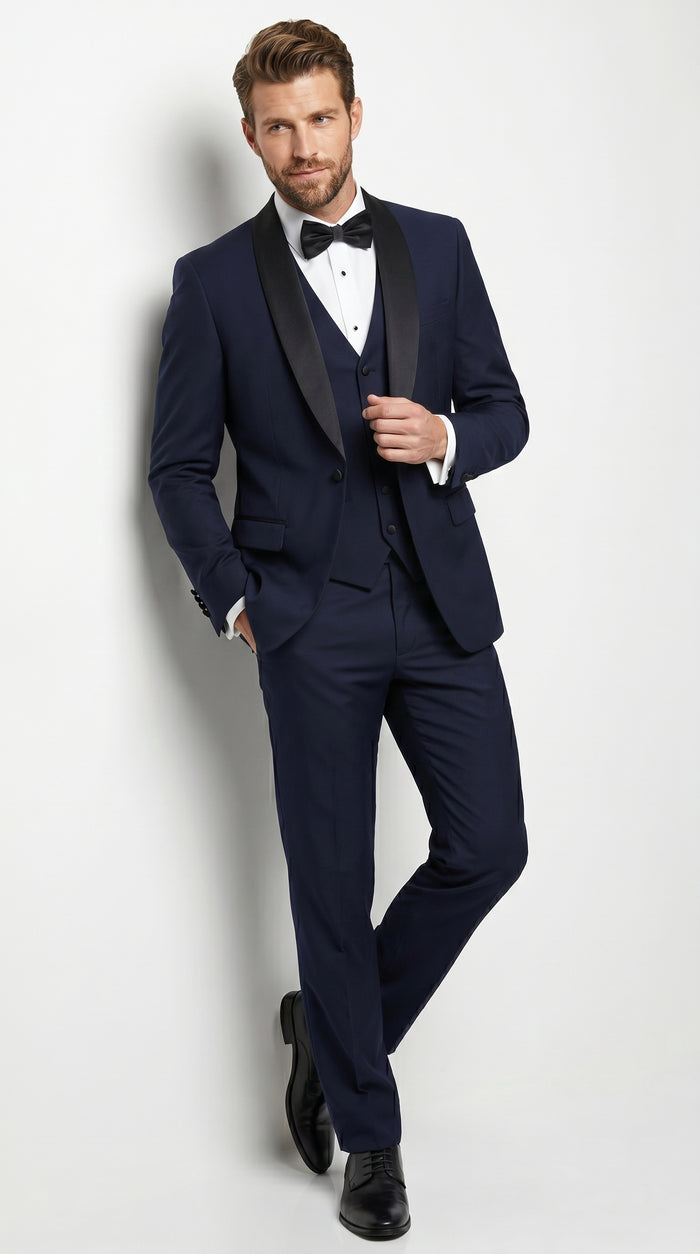 Men’s Navy Blue Vested Wool Tuxedo with 1 Button Jacket, Black Shawl Lapel and Matching Pants