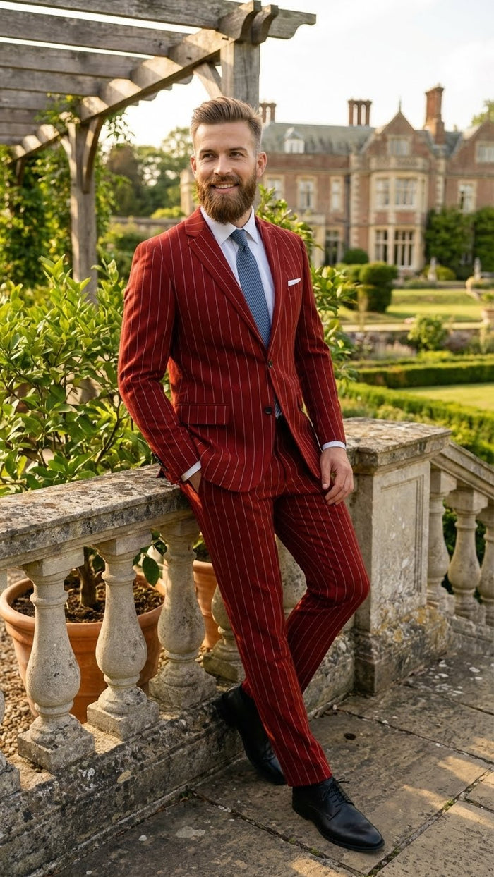 Men's Red Pinstripe Suit - Stripe Two-Button Vested Suit 2 Buttons