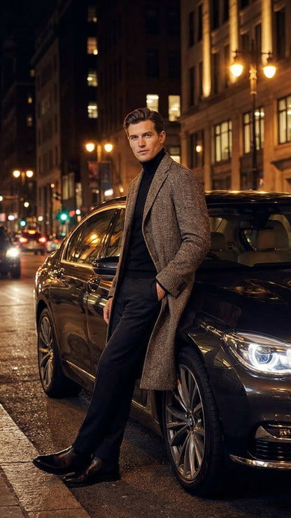 Mens Black & Grey  Herringbone Tweed Wool Blend Overcoat  Classic Single-Breasted Winter Blazer Carcoat